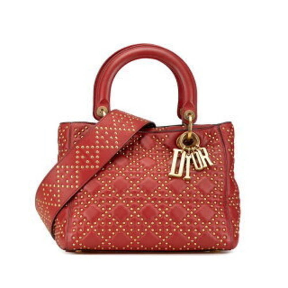 Dior Cannage Lady Studded Handbag Red Leather